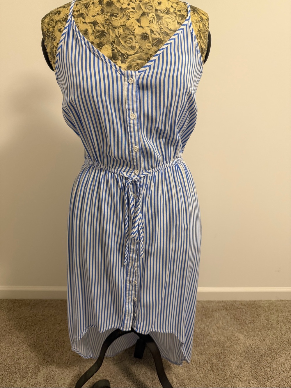 Blue & White Striped Maxi Dress with Drawstring Waist